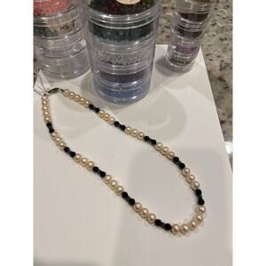 Fresh Water Pearls & Jet Black Crystals - Handcrafted Beaded 18.25" Necklace
